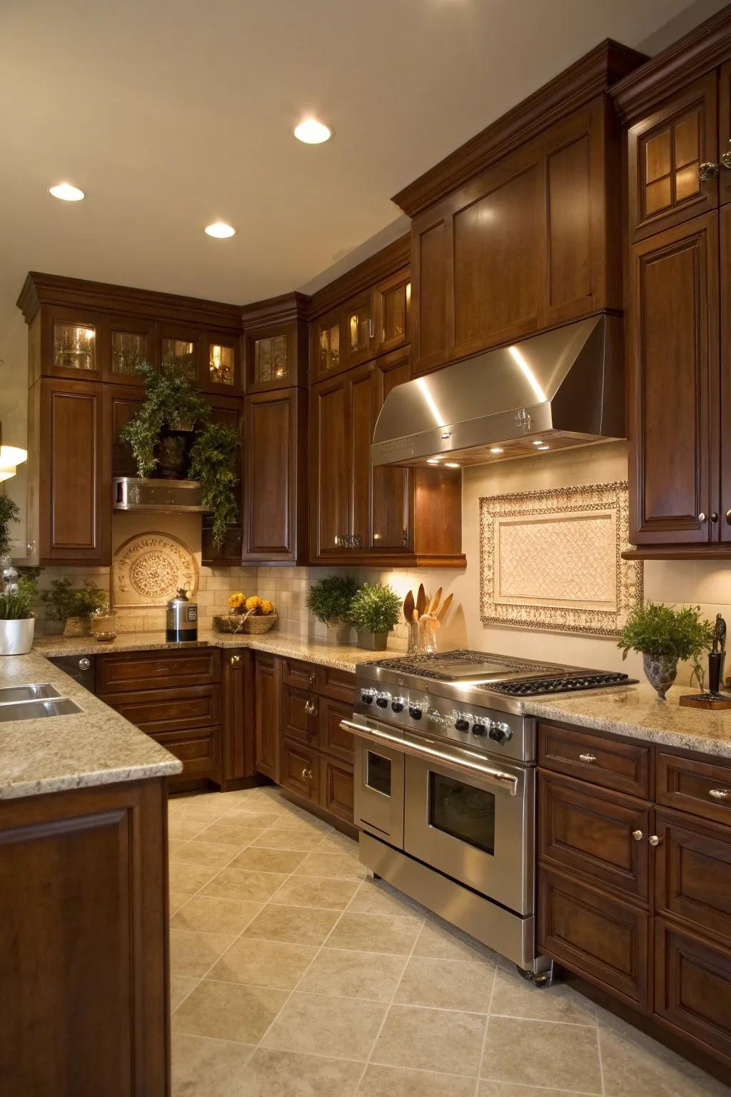 Achieve a modern look with the sleek contrast of stainless steel against rich brown cabinets.