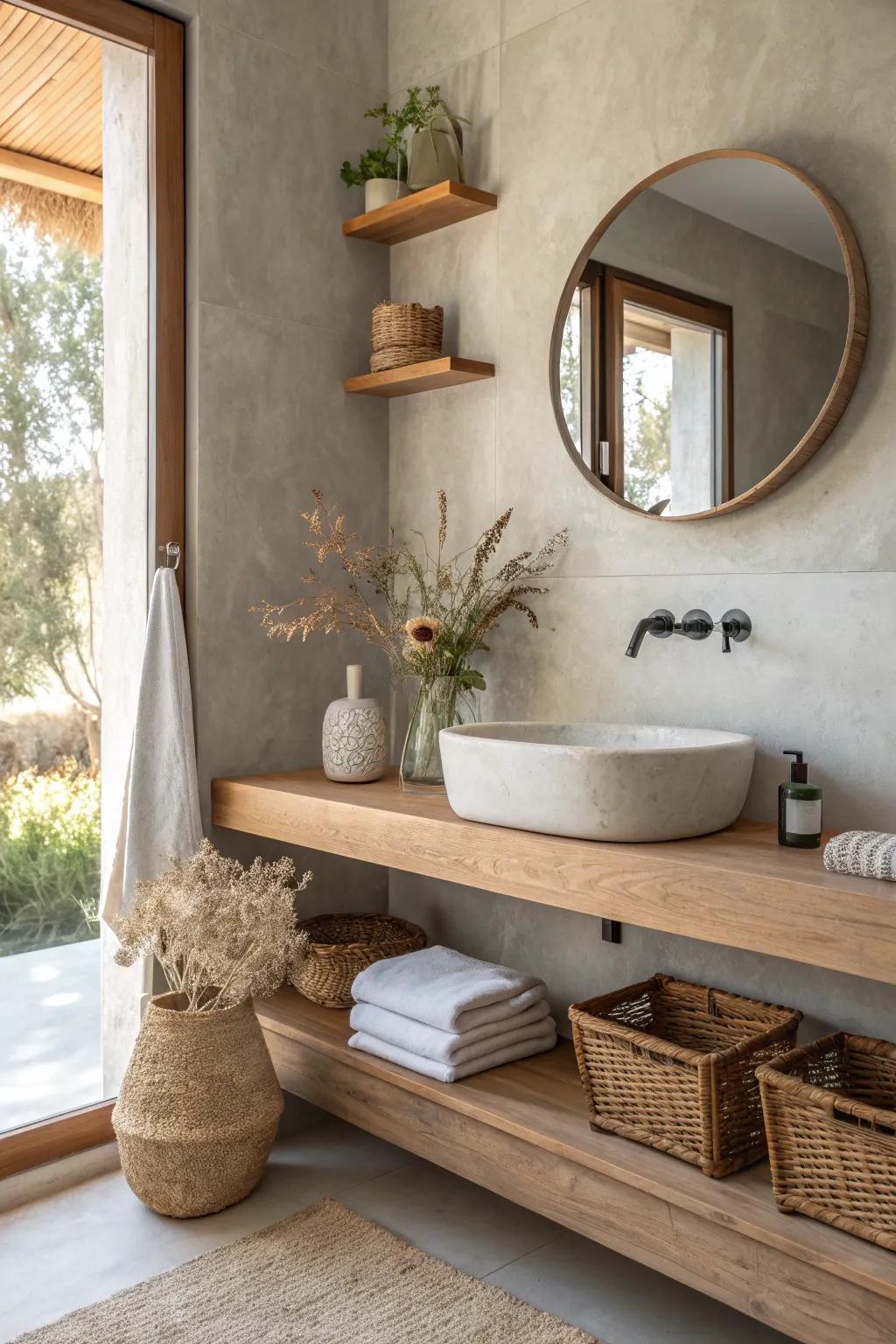 Create warmth and balance with natural wood accents in your microcement bathroom.