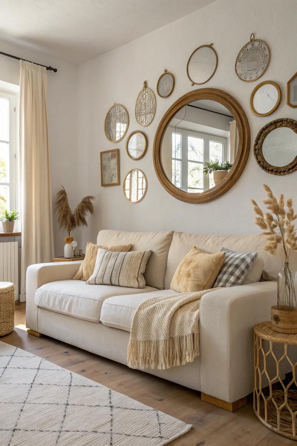 Add visual interest by mixing mirror shapes and sizes for a dynamic look.