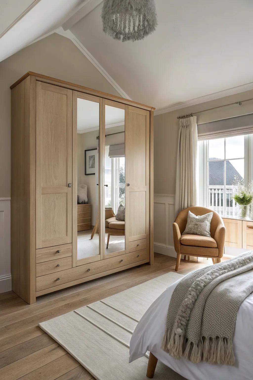 Mirrored wardrobes provide ample storage while enhancing room brightness and size.