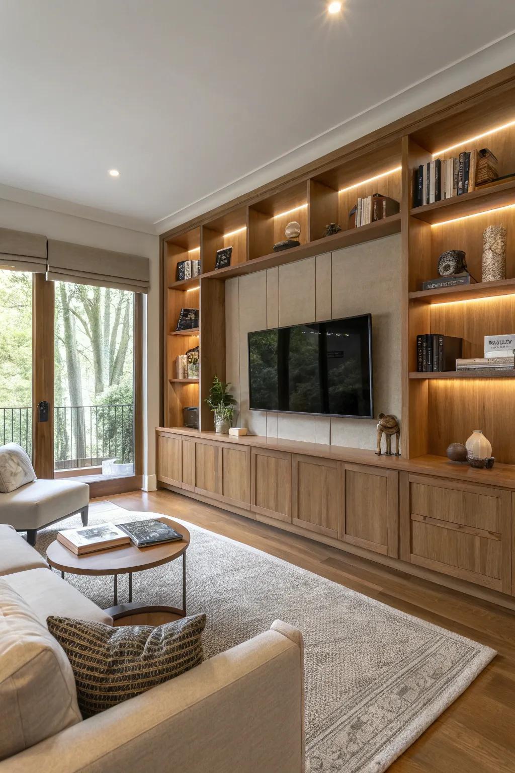 Built-in storage offers practicality and style, keeping your TV room clutter-free.