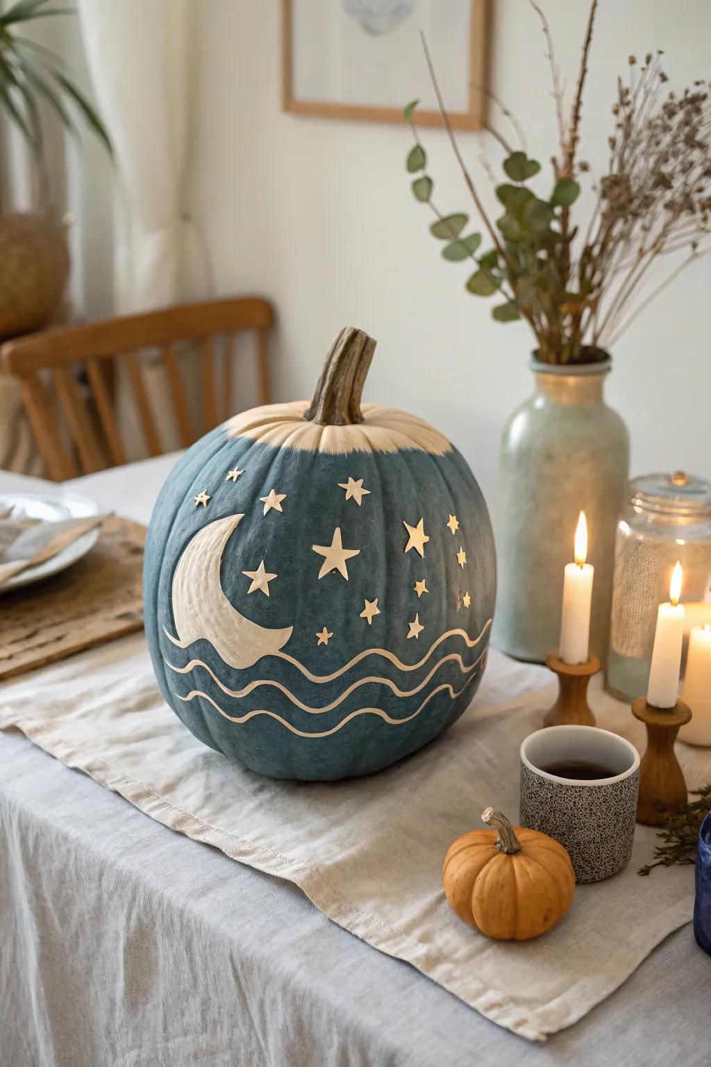 Create a tranquil scene with stars reflecting on water, carved into your pumpkin for a peaceful glow.