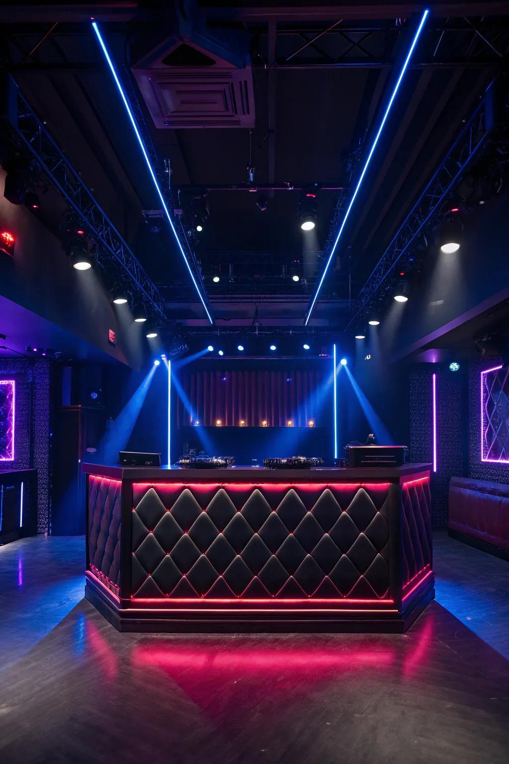 Elevate the energy with a central stage and DJ booth that captivates the crowd.