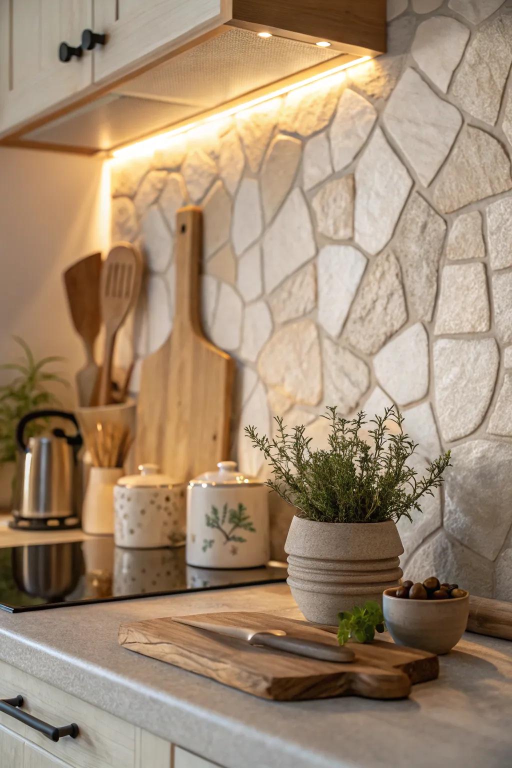 Achieve a high-end look with a painted backsplash that beautifully mimics natural stone.