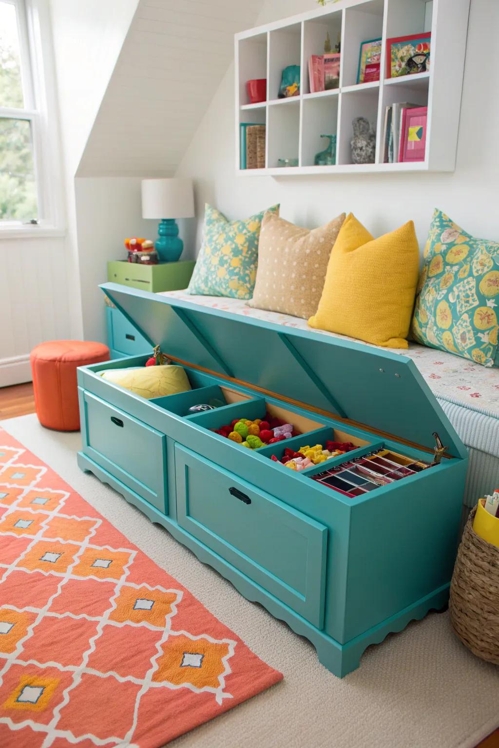 Keep it tidy with storage benches that double as seating and toy storage.