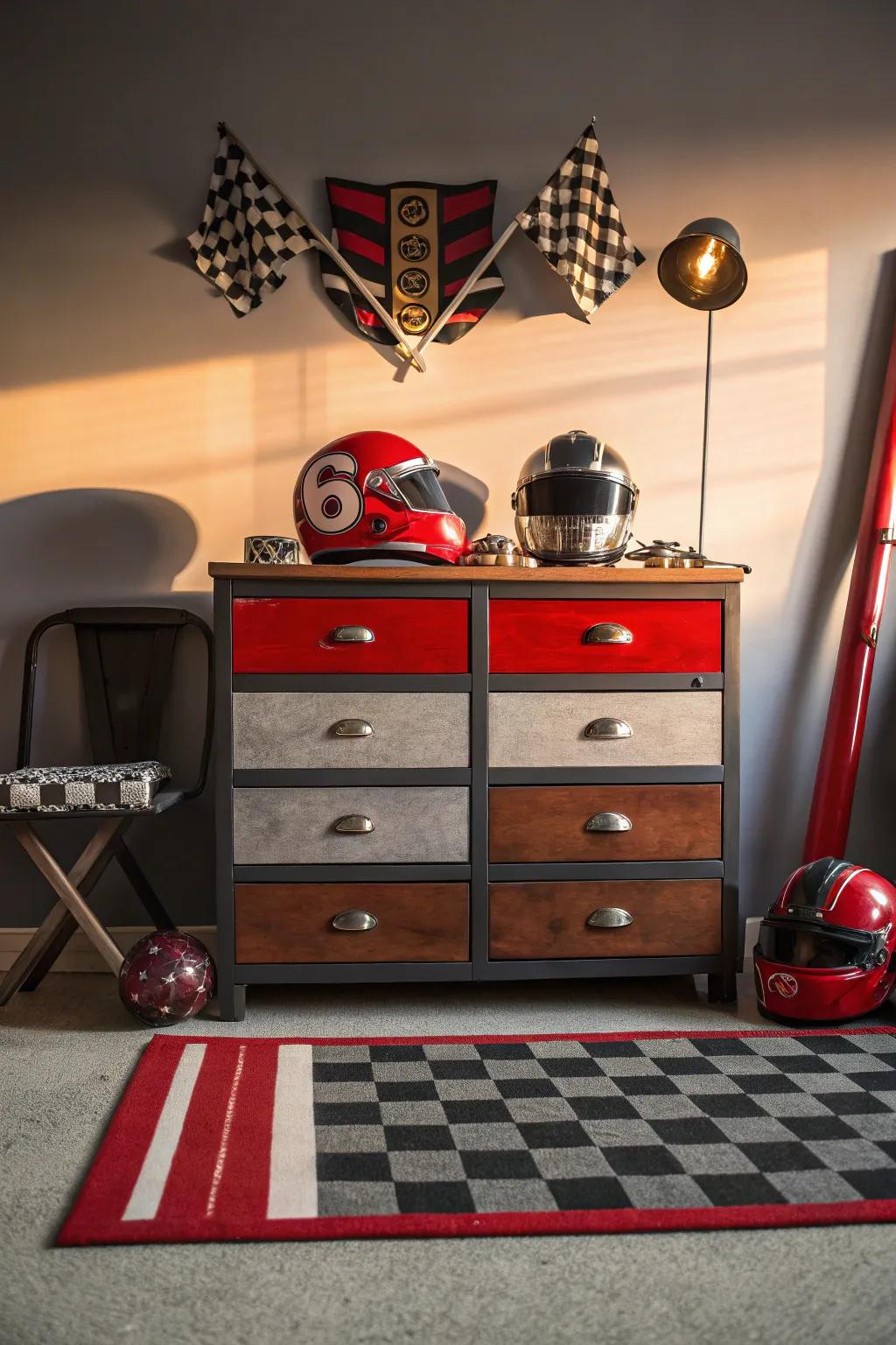 Incorporate garage-inspired furniture for a cohesive theme.
