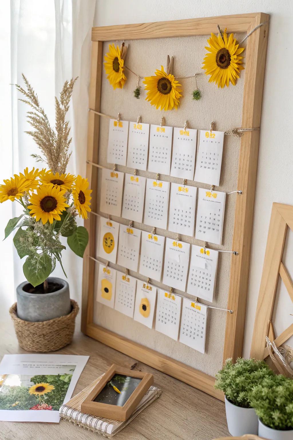 Sunflower-themed date markers transform this bulletin board into a stylish calendar display.