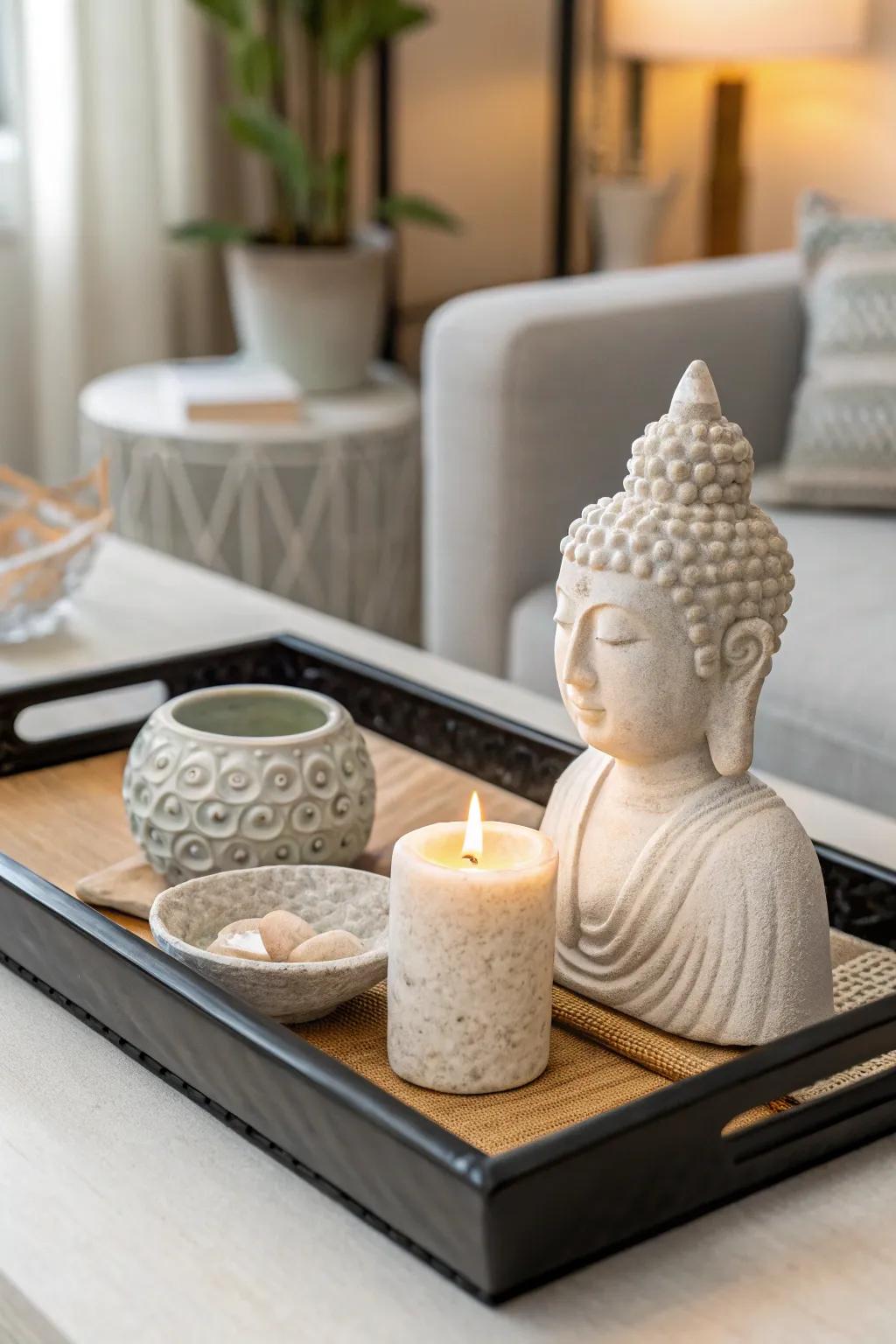 Achieve tranquility with minimalist zen decor on a perfectly curated tray. #Minimalism #ZenDecor #CalmSpaces