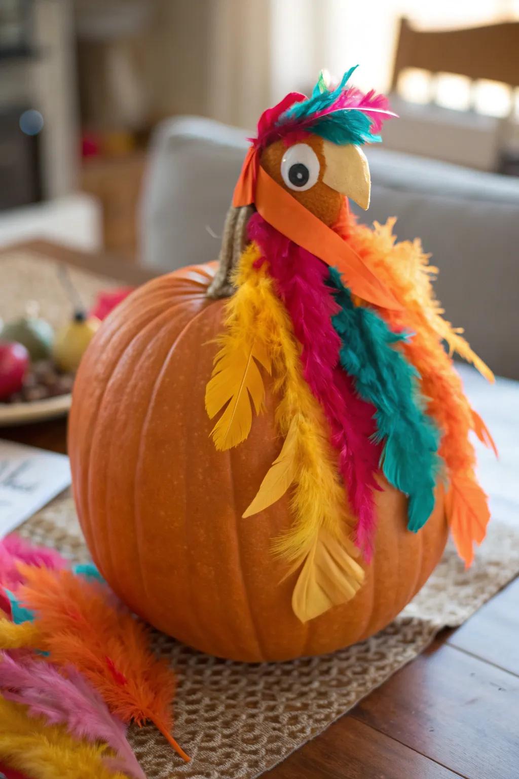 Add a playful twist with whimsical fabric feathers on your pumpkin turkey.