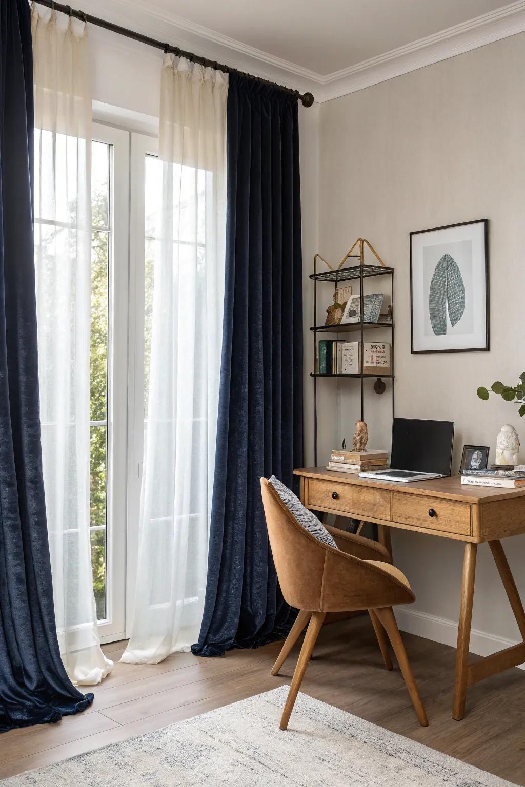 Add drama and elegance with layered sheer and velvet curtains, perfect for flexible light control.