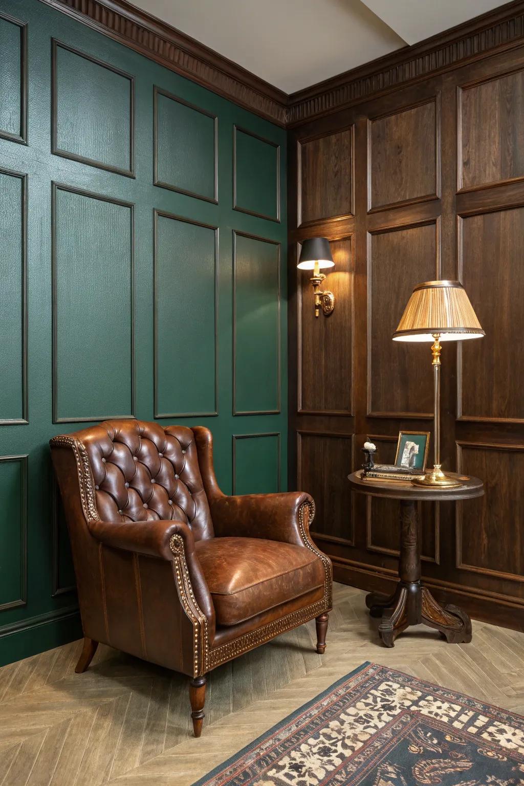 Indulge in luxury with rich, stained wood wainscoting. 🌟 #LuxuryOffice #ClassicDesign