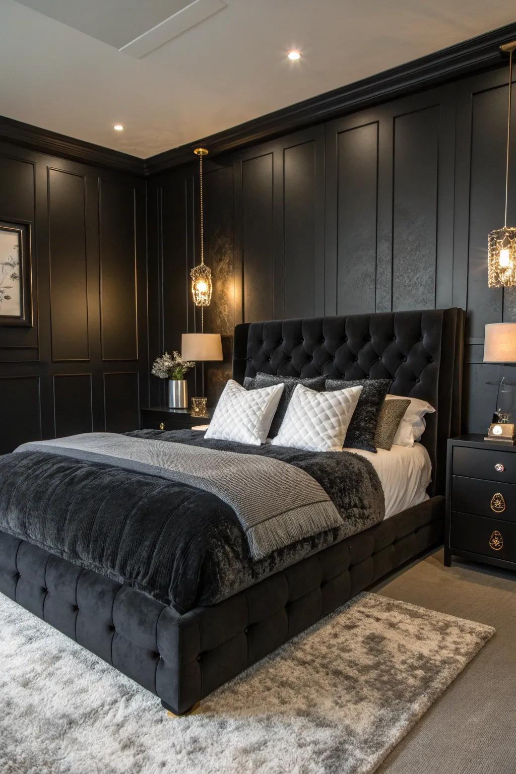 A balanced color palette in your black bedroom creates harmony and visual intrigue.