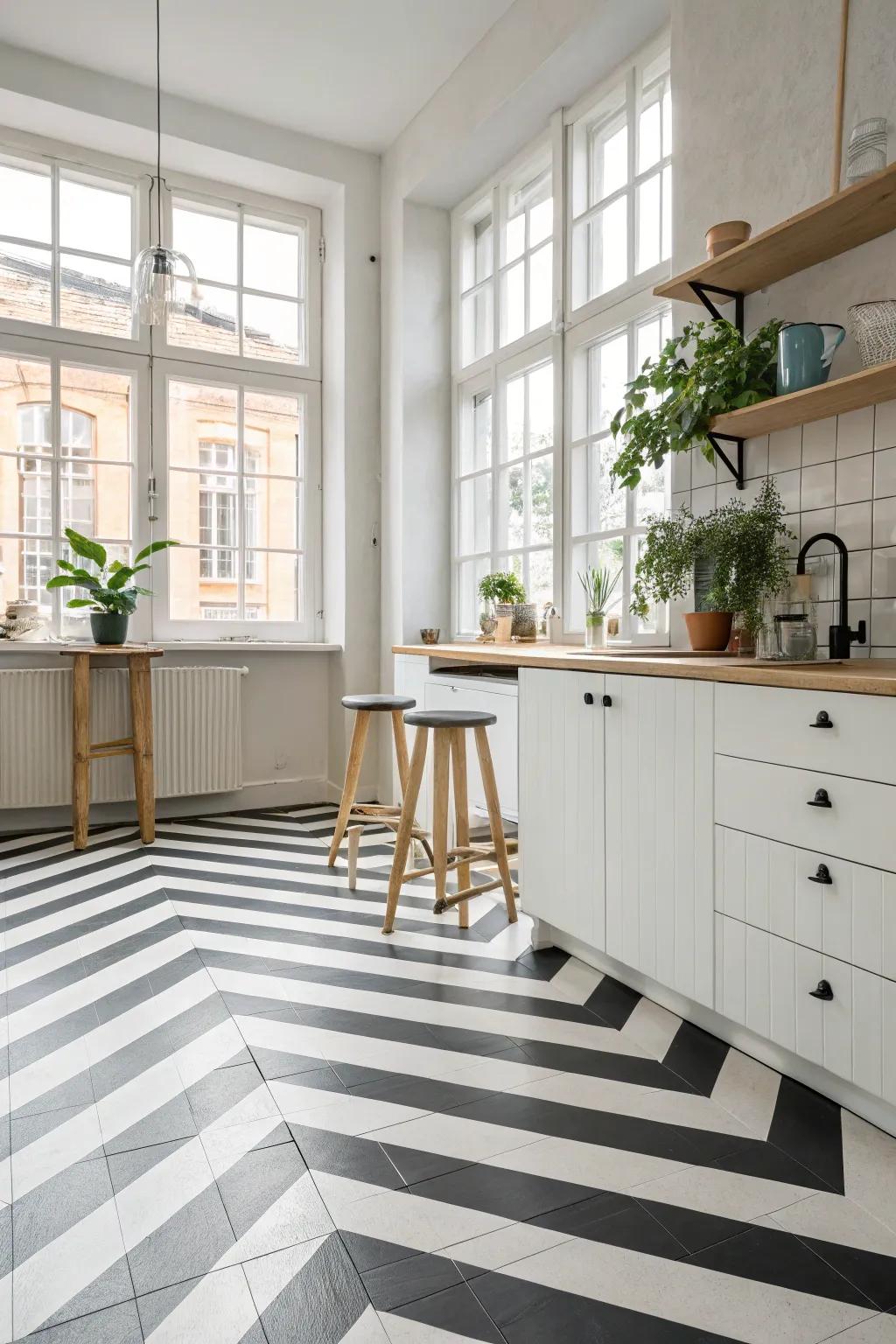 Transform your kitchen space with bold stripes that add dimension and style.