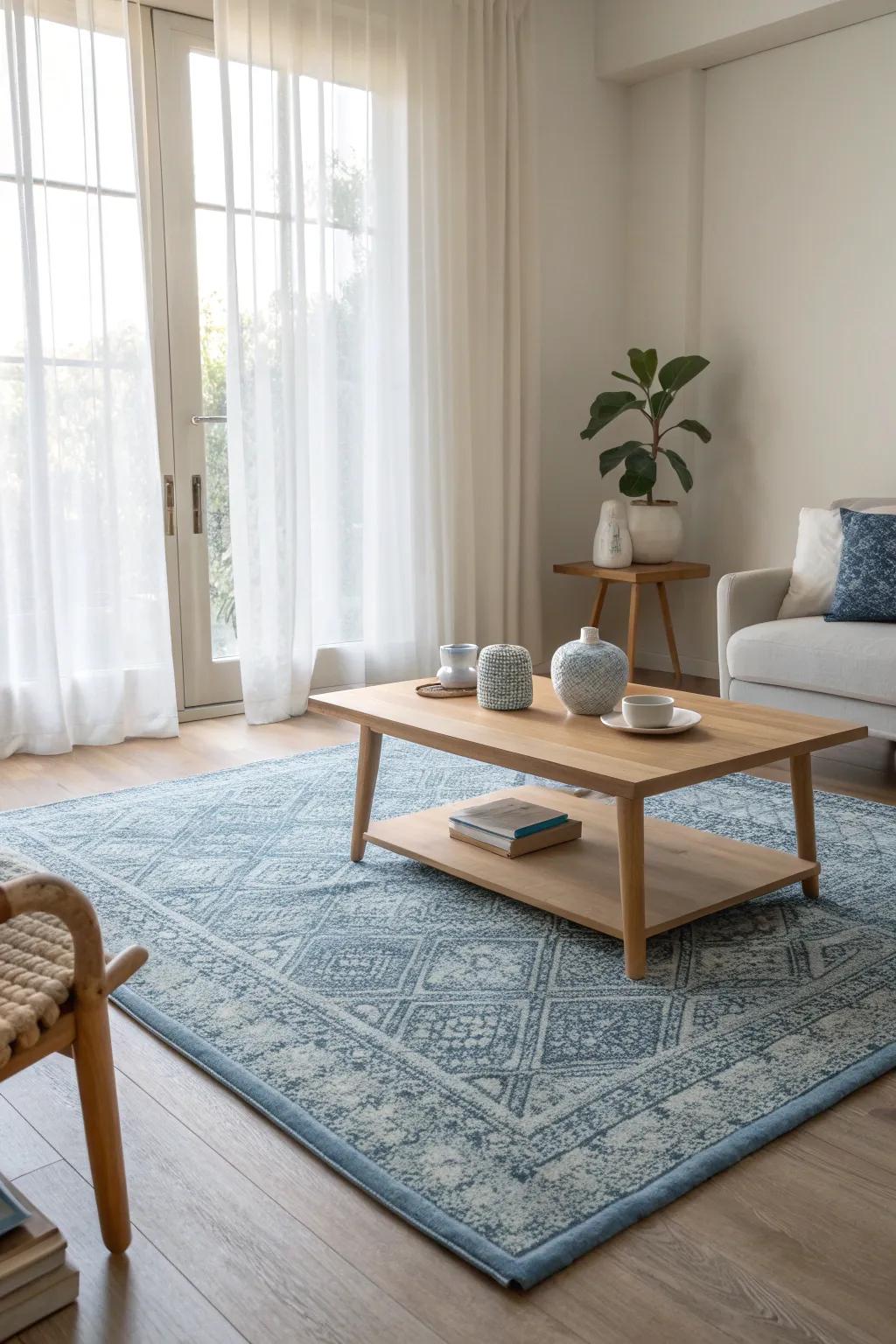 Enhance your minimalist space with a subtle patterned blue rug that adds understated elegance.