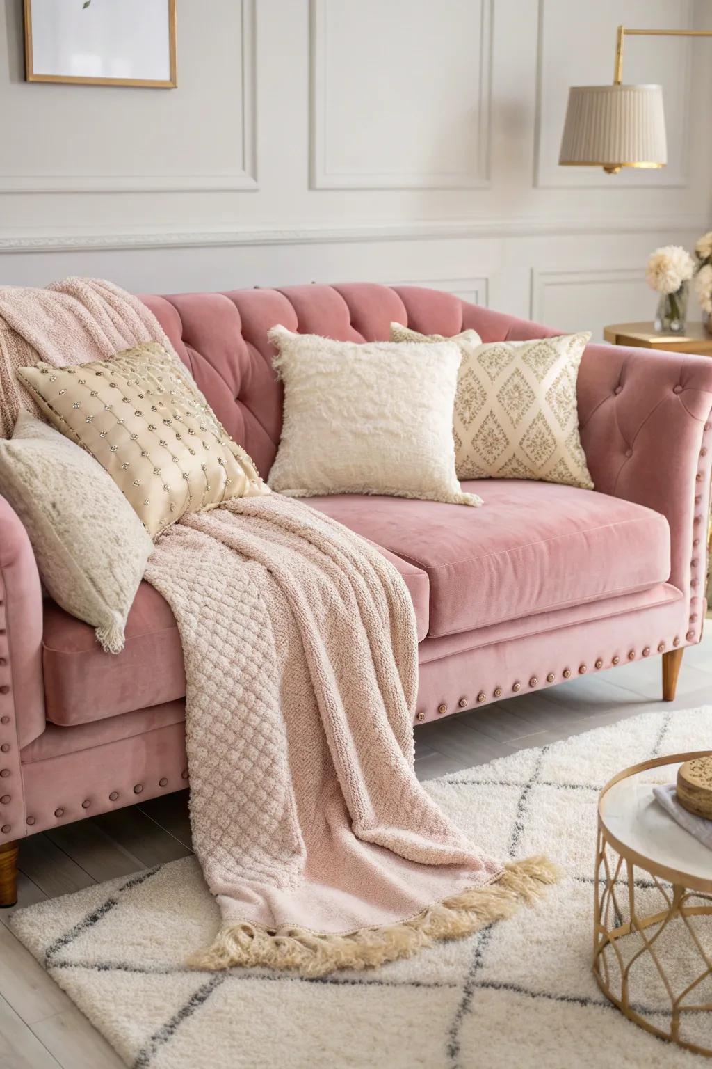 Let your blush couch seamlessly blend into a monochromatic marvel of pink hues.