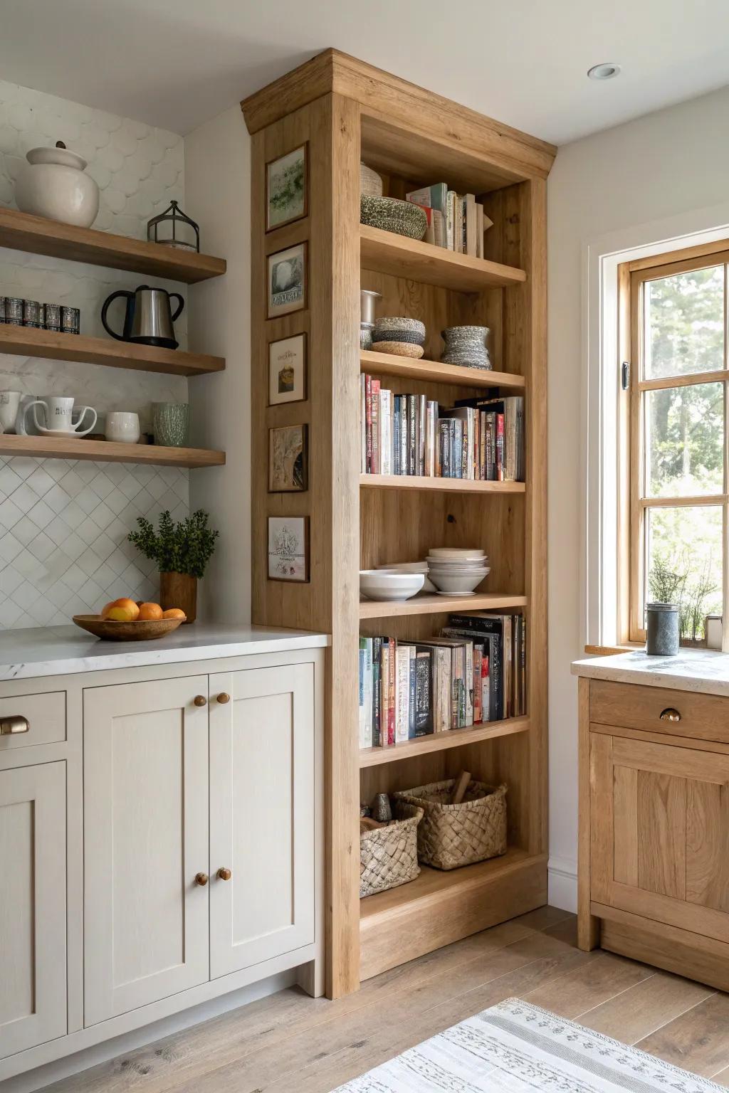 Blend functionality and style with bookshelves in the kitchen. 🍽️ #KitchenDecor #CookbookNook