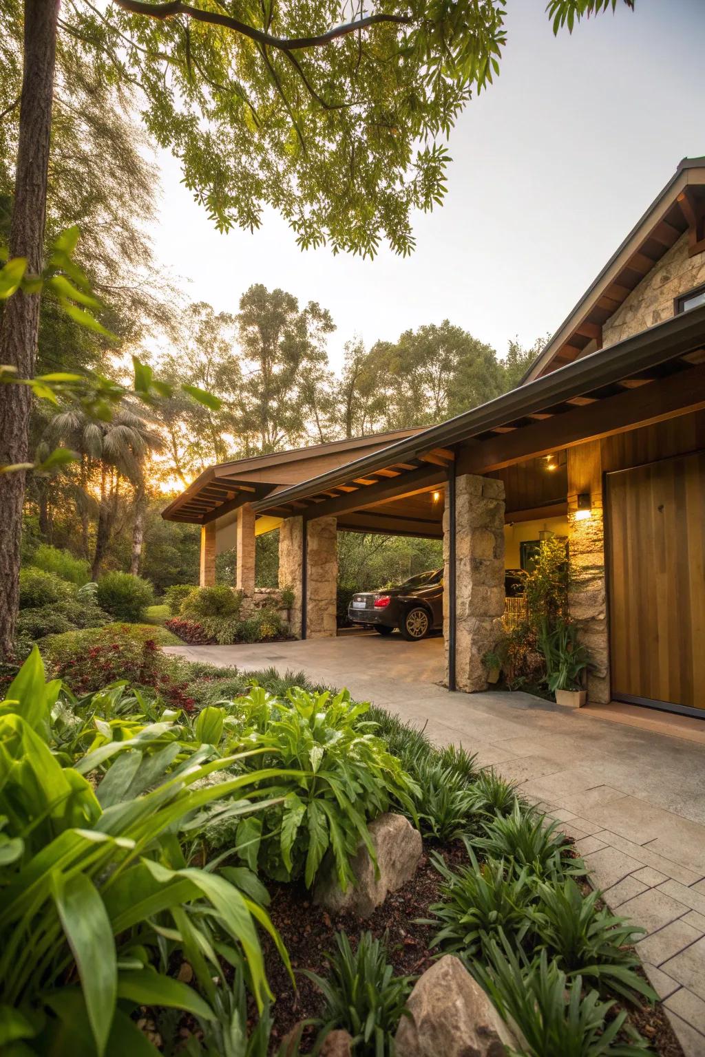 Integrate your carport with nature for a harmonious and serene environment. #GreenDesign #NatureInspired