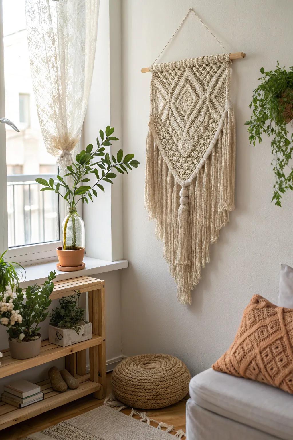 Play with texture and movement using tassel-adorned crochet art.