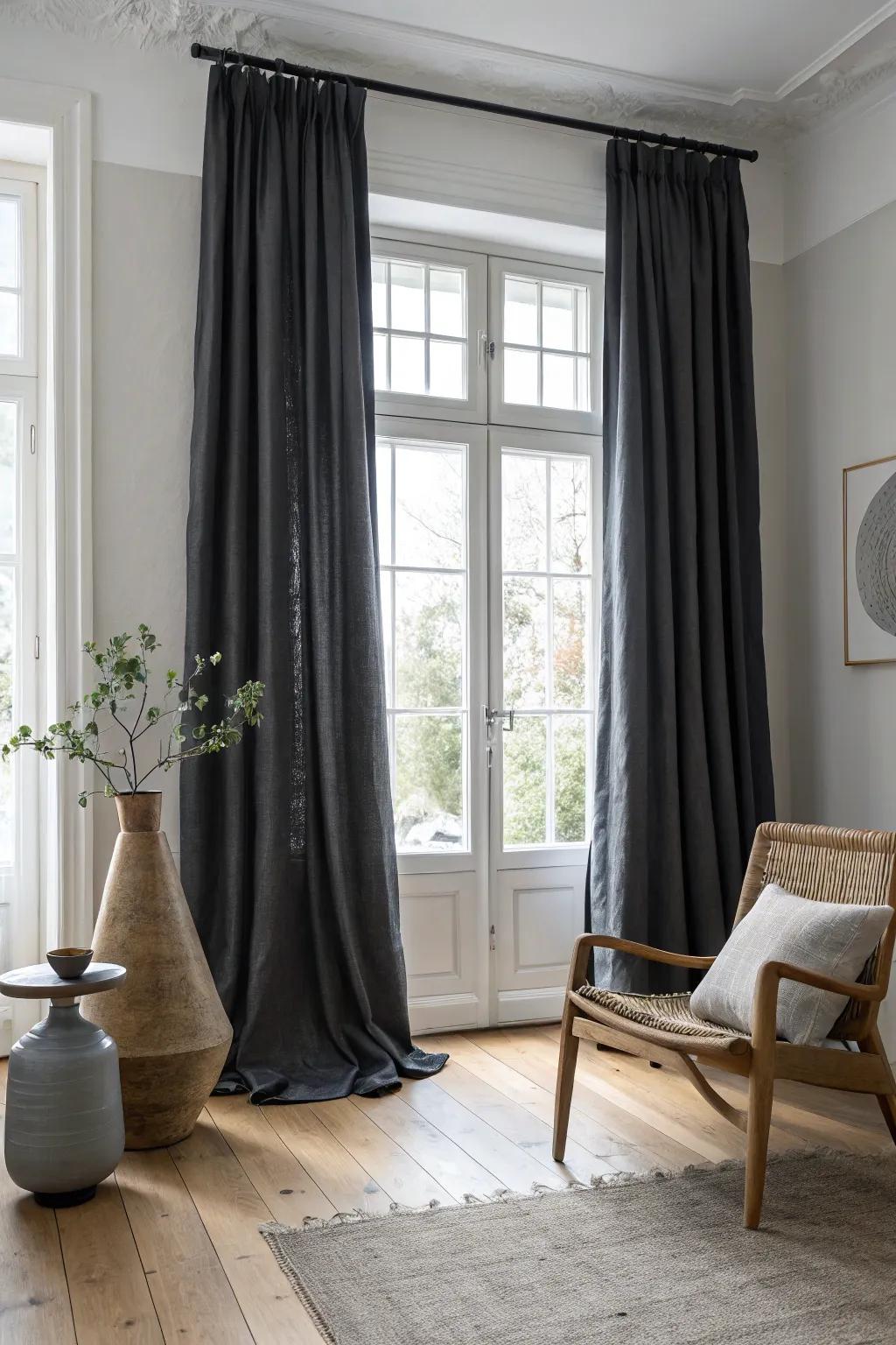 Make a bold statement with high-contrast drapes that add drama and modern flair.