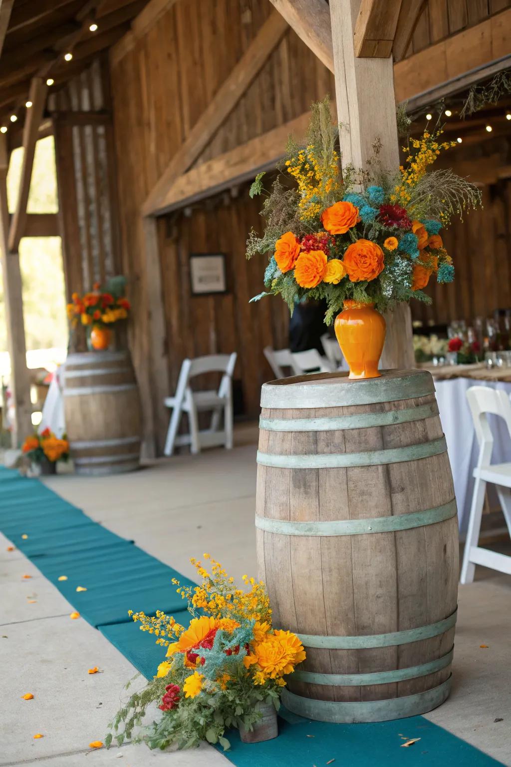 Rustic wooden elements add charm and functionality to your wedding decor.