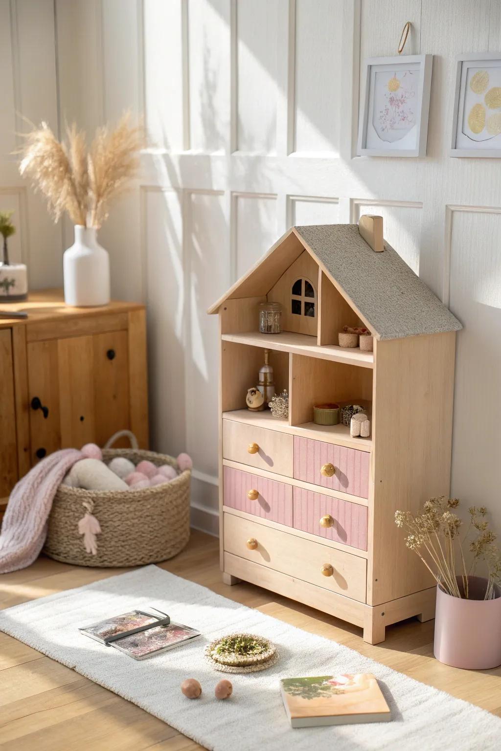 Maximize space by using doll furniture as clever storage solutions.