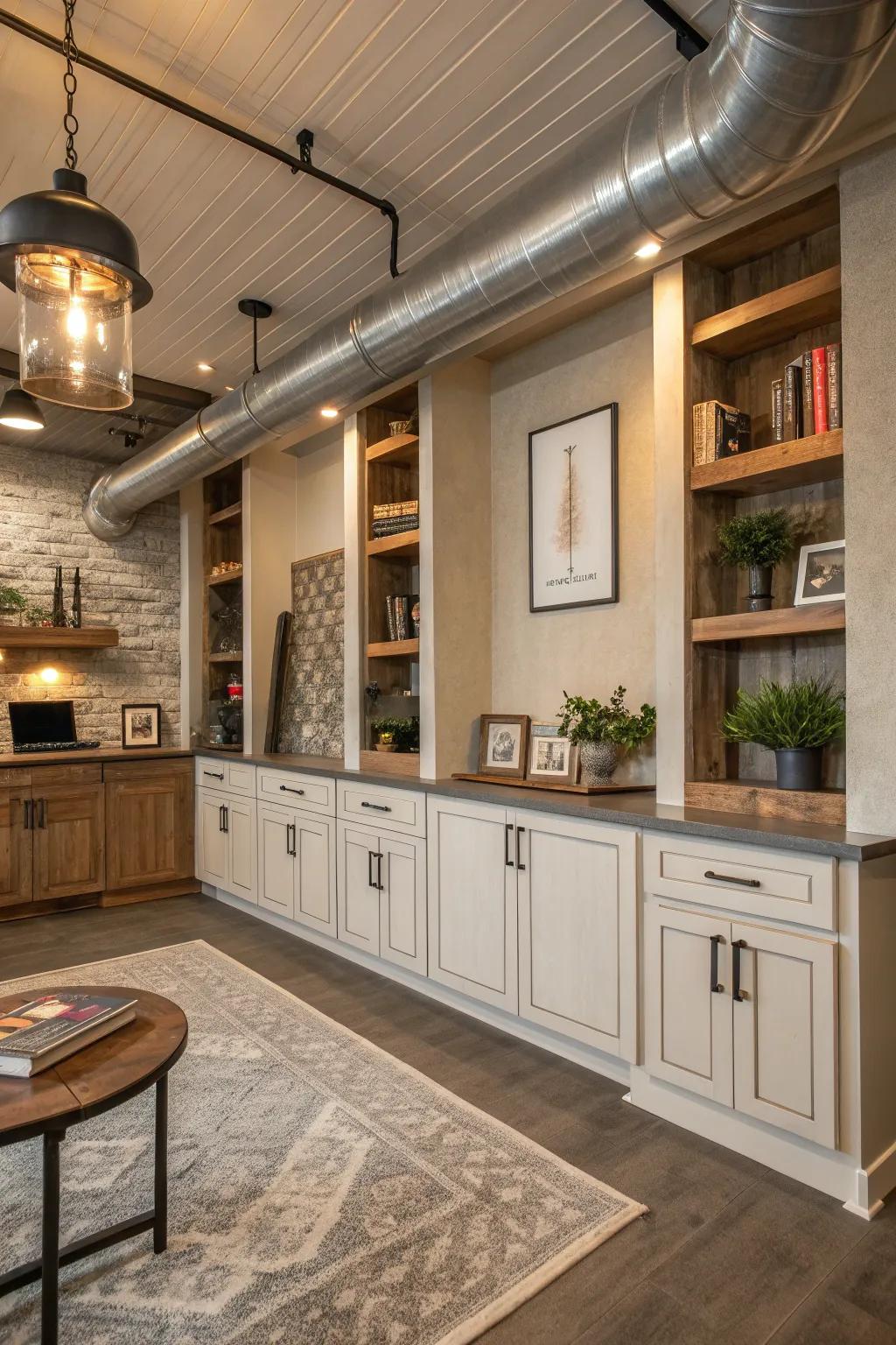 Hide and seek with style—false cabinets that cleverly conceal ductwork.