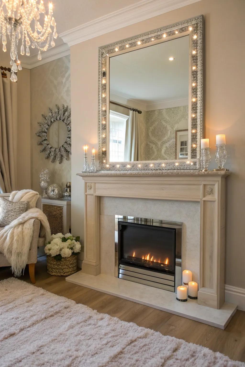 Create depth and brightness with a mirror backdrop in your faux fireplace. ✨ #HomeInspiration