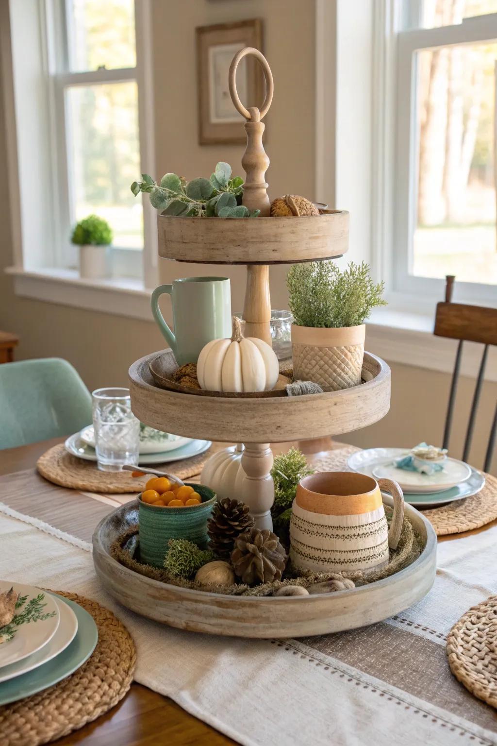 Make a statement with a farmhouse tiered tray as the centerpiece of your dining table.