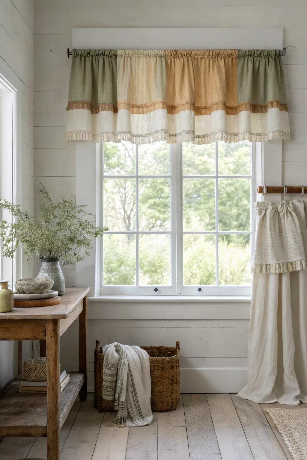 Layered valances bring depth and interest, allowing for a personalized and unique farmhouse style.