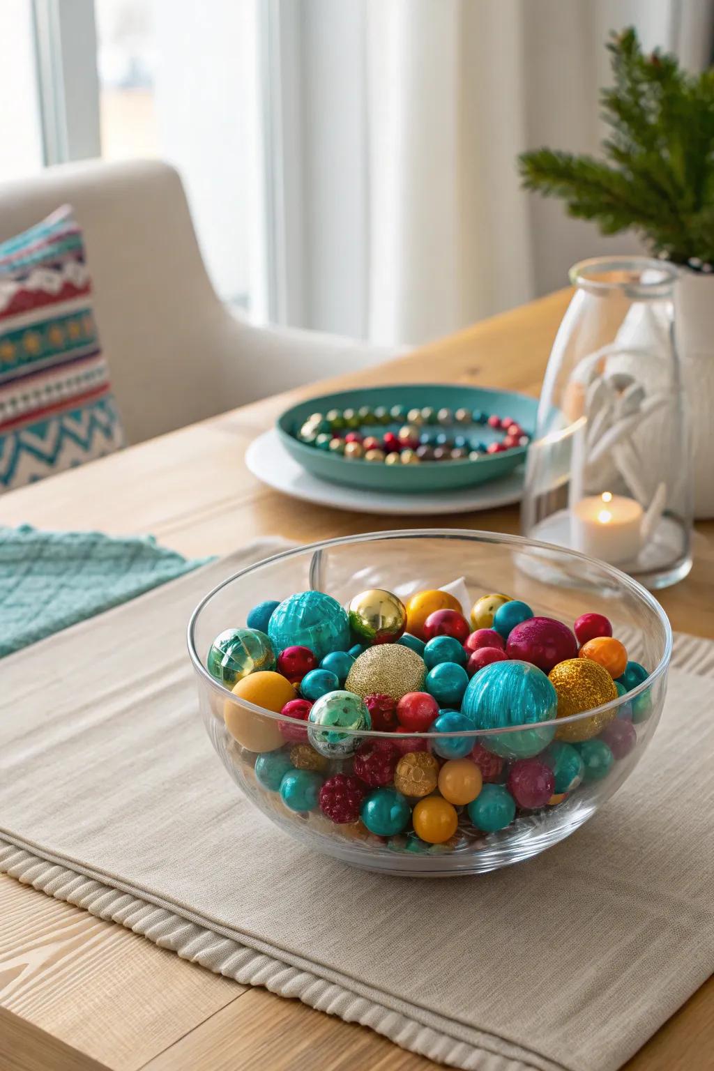 Add a splash of color and whimsy with a centerpiece full of vibrant beads and baubles. 🎨 #ColorfulDecor #PlayfulDesign
