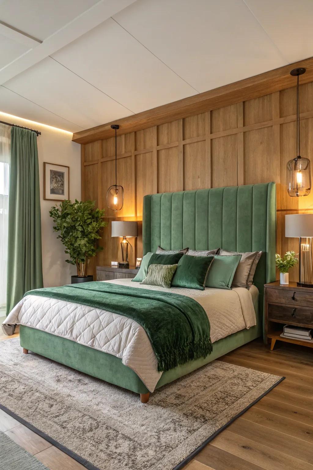 Green paired with neutrals creates a balanced and timeless bedroom aesthetic.