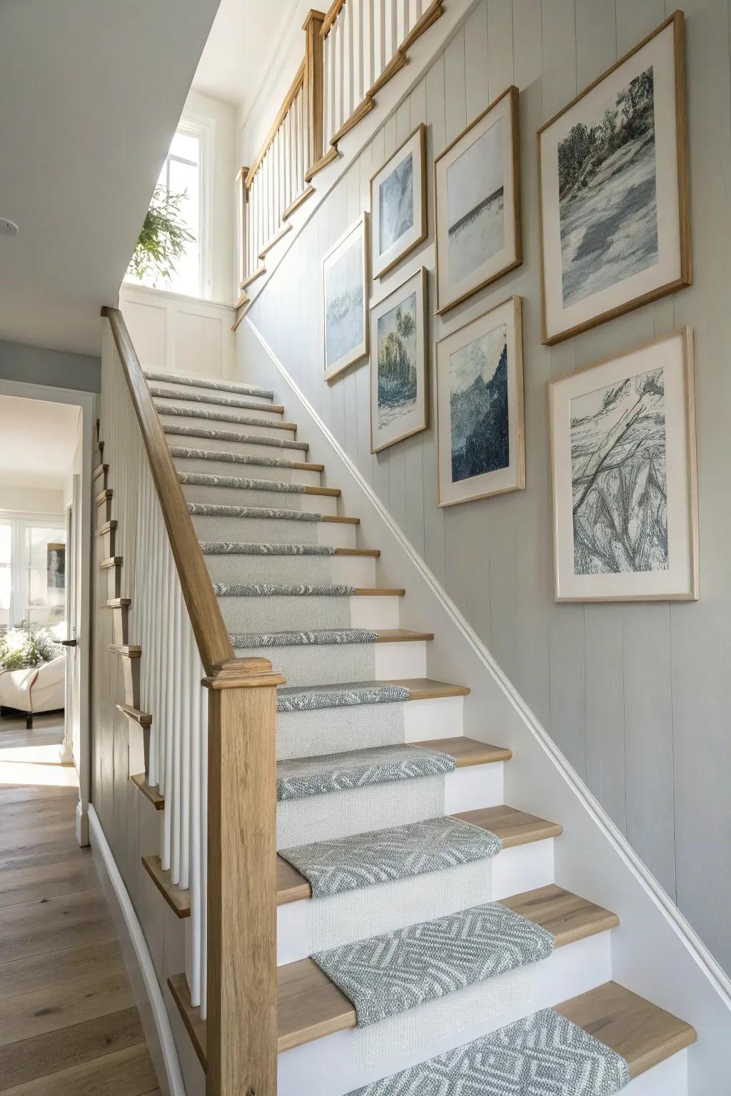 Infuse your space with personality using grey-themed wall art that complements your staircase beautifully. 🎨 #ArtfulHomes #DesignDetails
