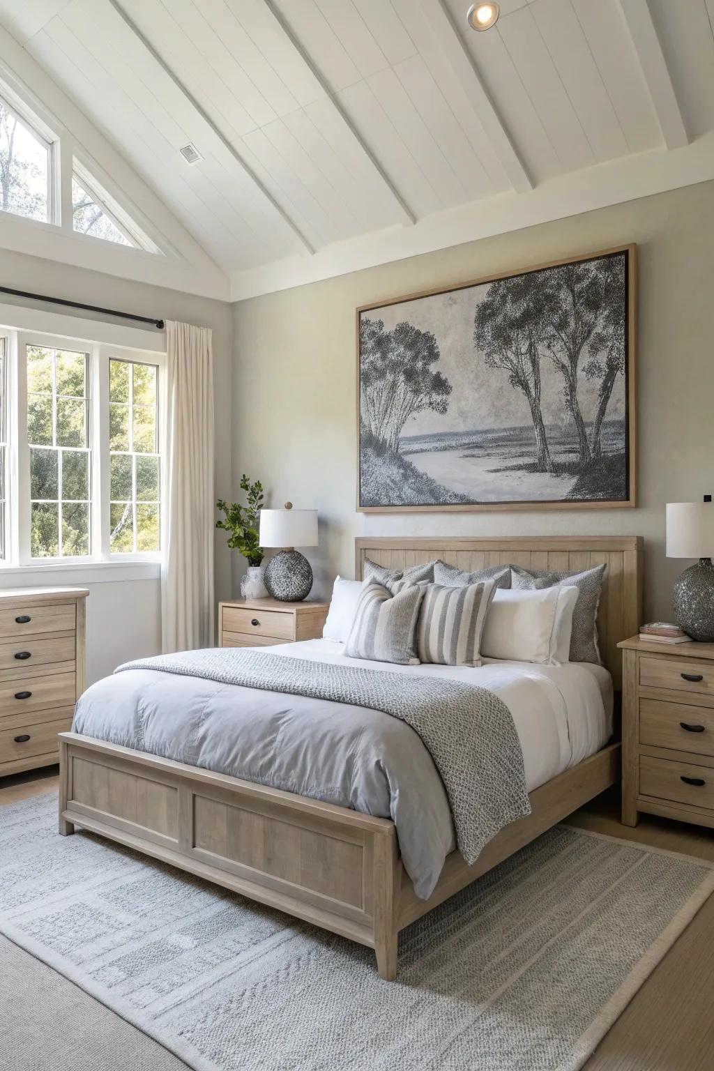 Personalize your grey bedroom with monochrome art that complements your style.