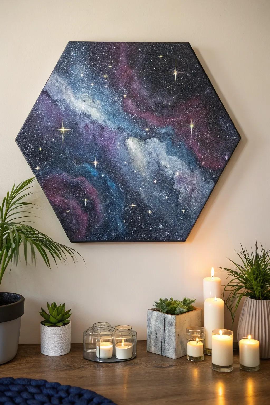 Get lost in the stars with cosmic hexagon art that brings the universe into your home.