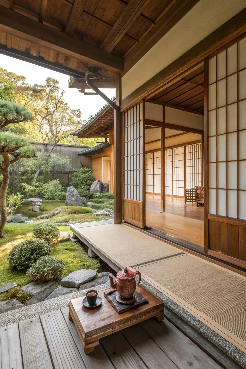 Relax and unwind on a traditional engawa, where indoor comfort meets outdoor beauty. #Engawa #GardenViews