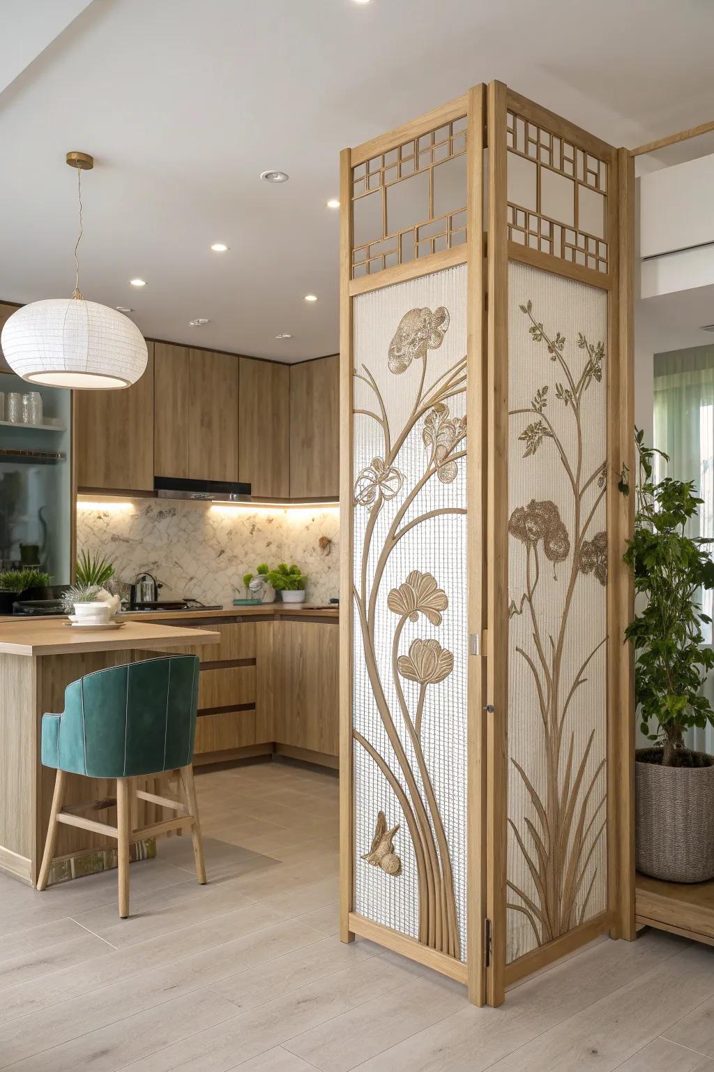 Add flair to your kitchen with artistic screens that serve as both partition and decoration. 🎨 #ArtisticDesign #HomeDecor