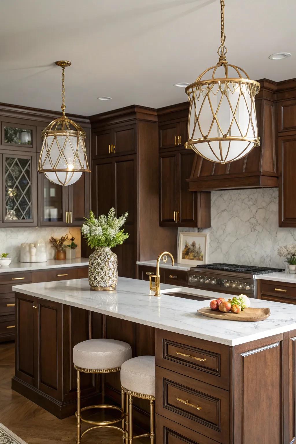 Illuminate your kitchen with elegant pendant lights for a warm, inviting atmosphere.