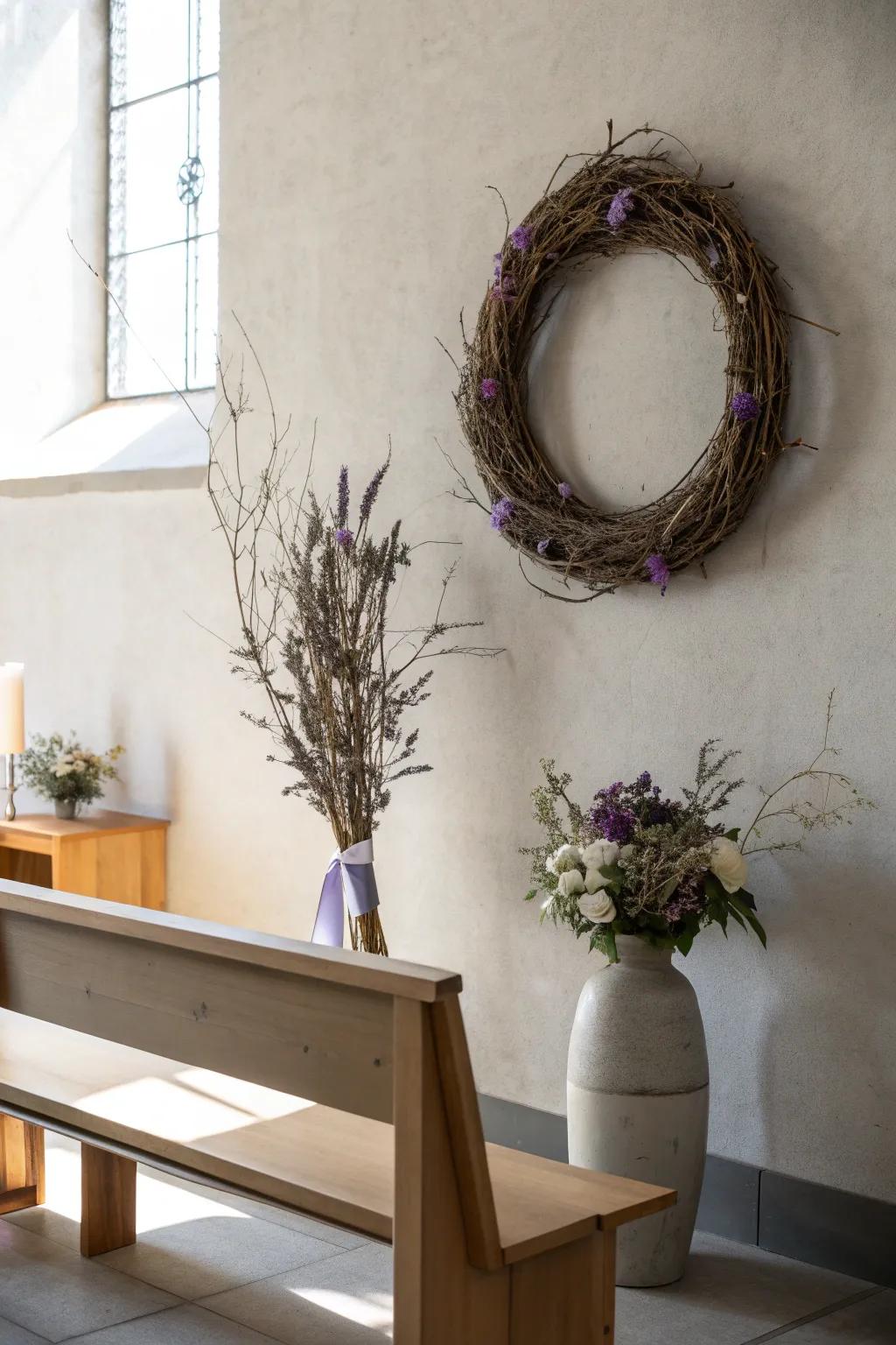 A twig wreath with purple accents is a subtle, elegant addition for Lent.