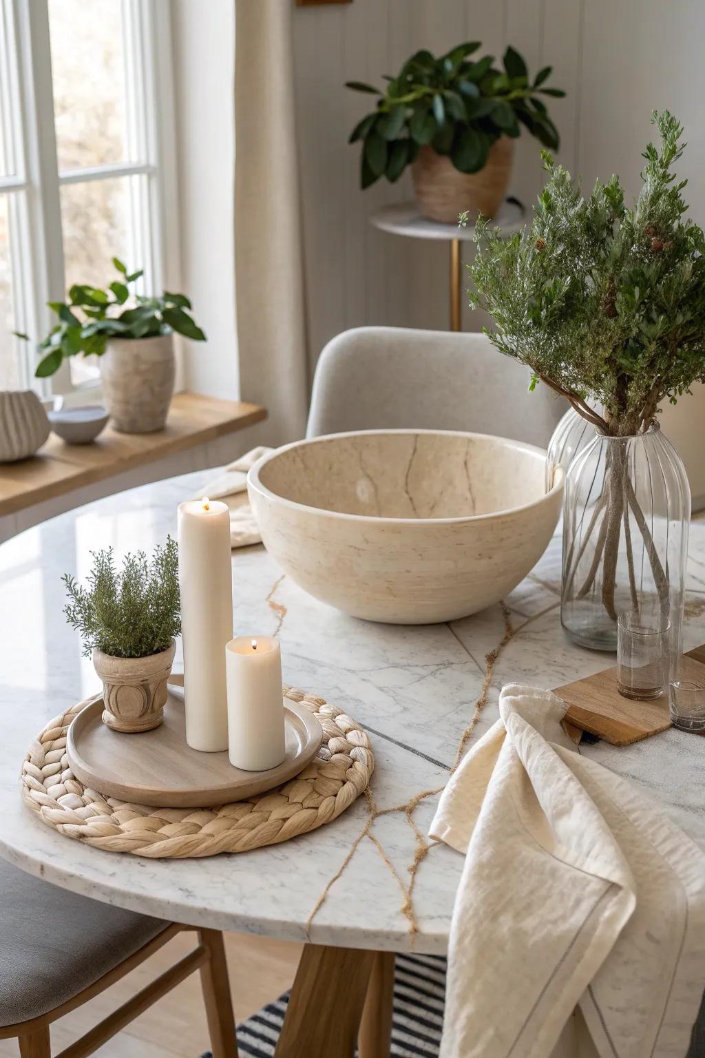 Highlight the beauty of your marble table with a soft, neutral color palette.