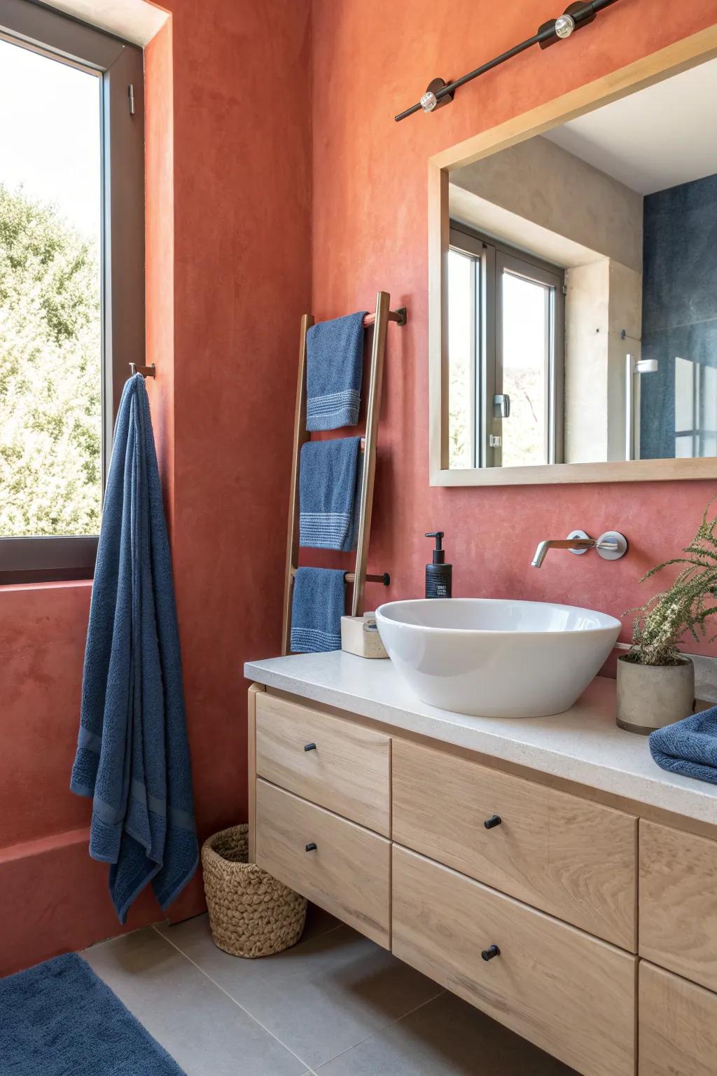 Make a statement with bold colors in your microcement bathroom for a lively, dynamic look.