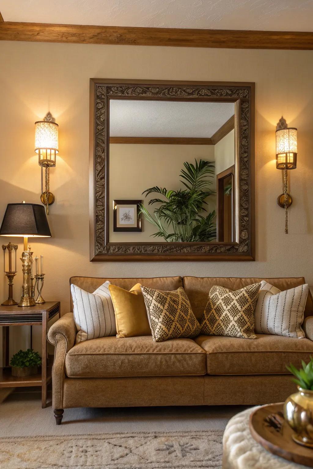 Enhance your living space with mirrors and sconces for a cozy, inviting glow.