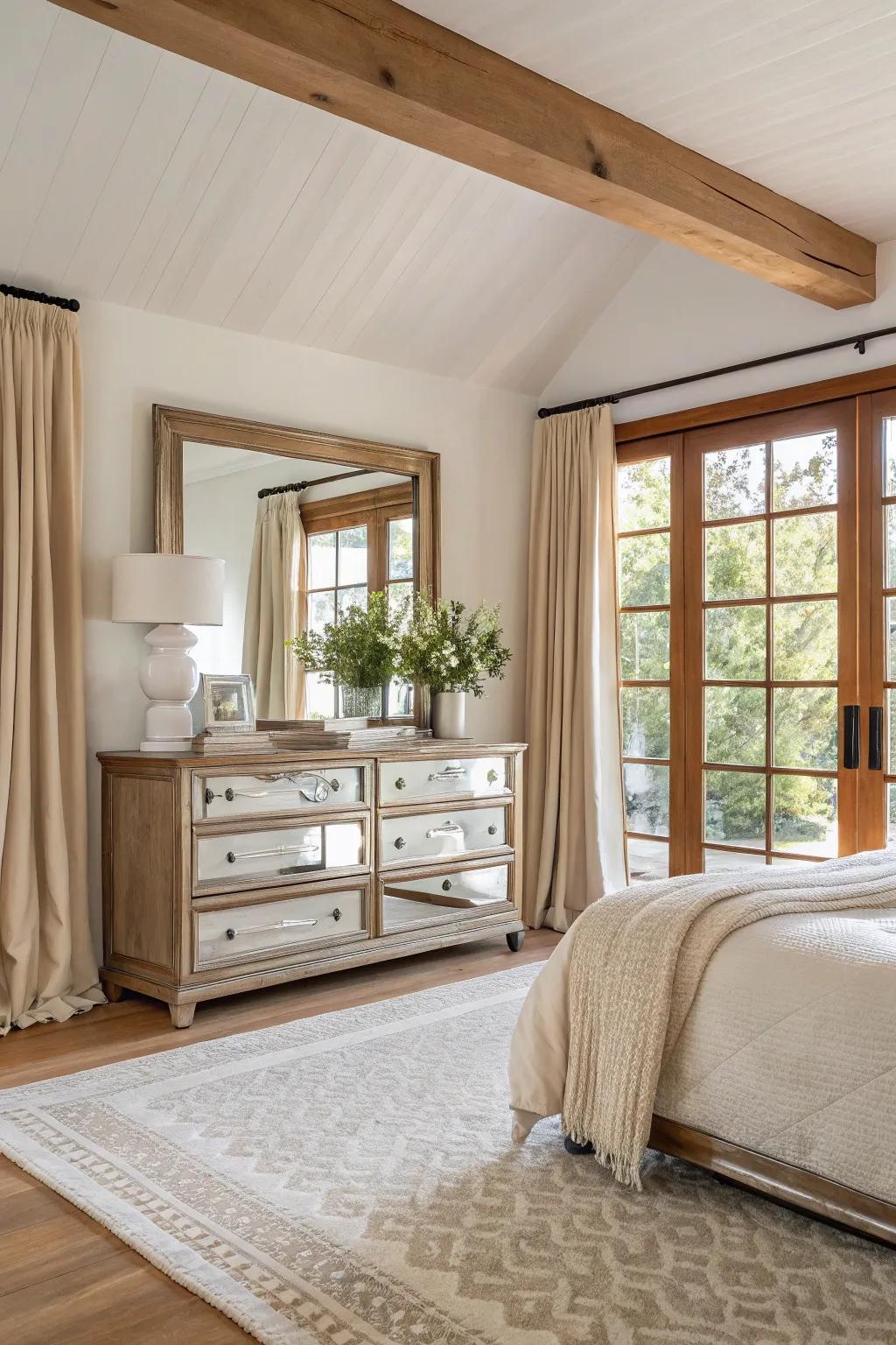 Soft neutrals perfectly complement mirrored surfaces, creating a tranquil and elegant environment.