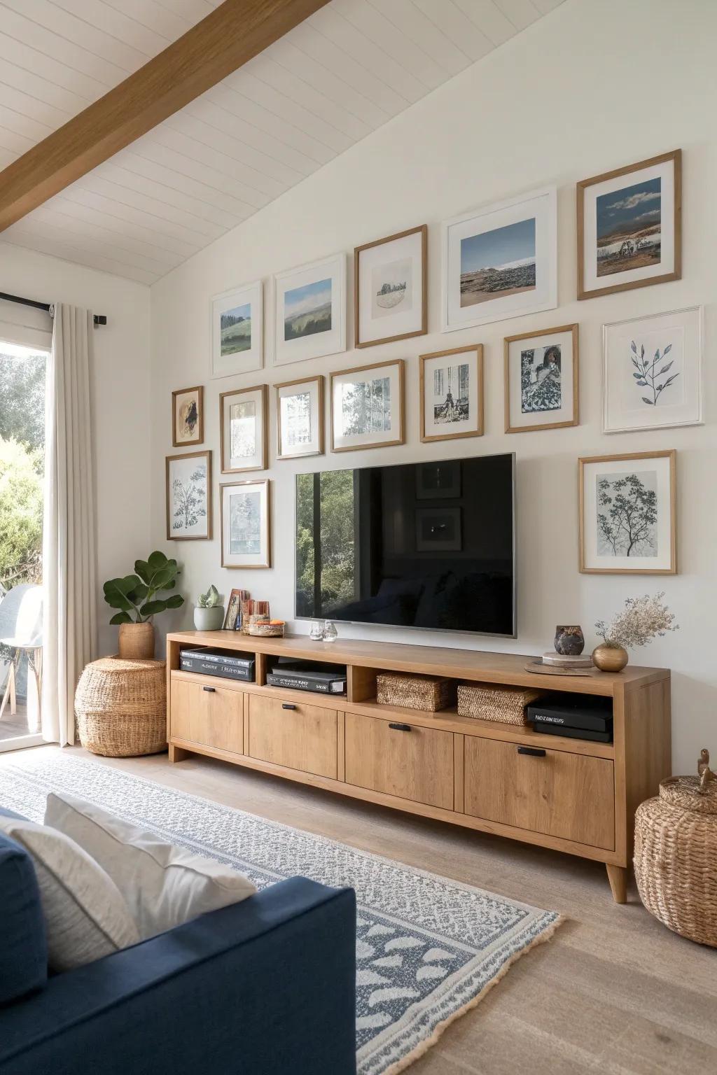 A gallery wall adds artistic flair to your TV setup, making it a focal point.