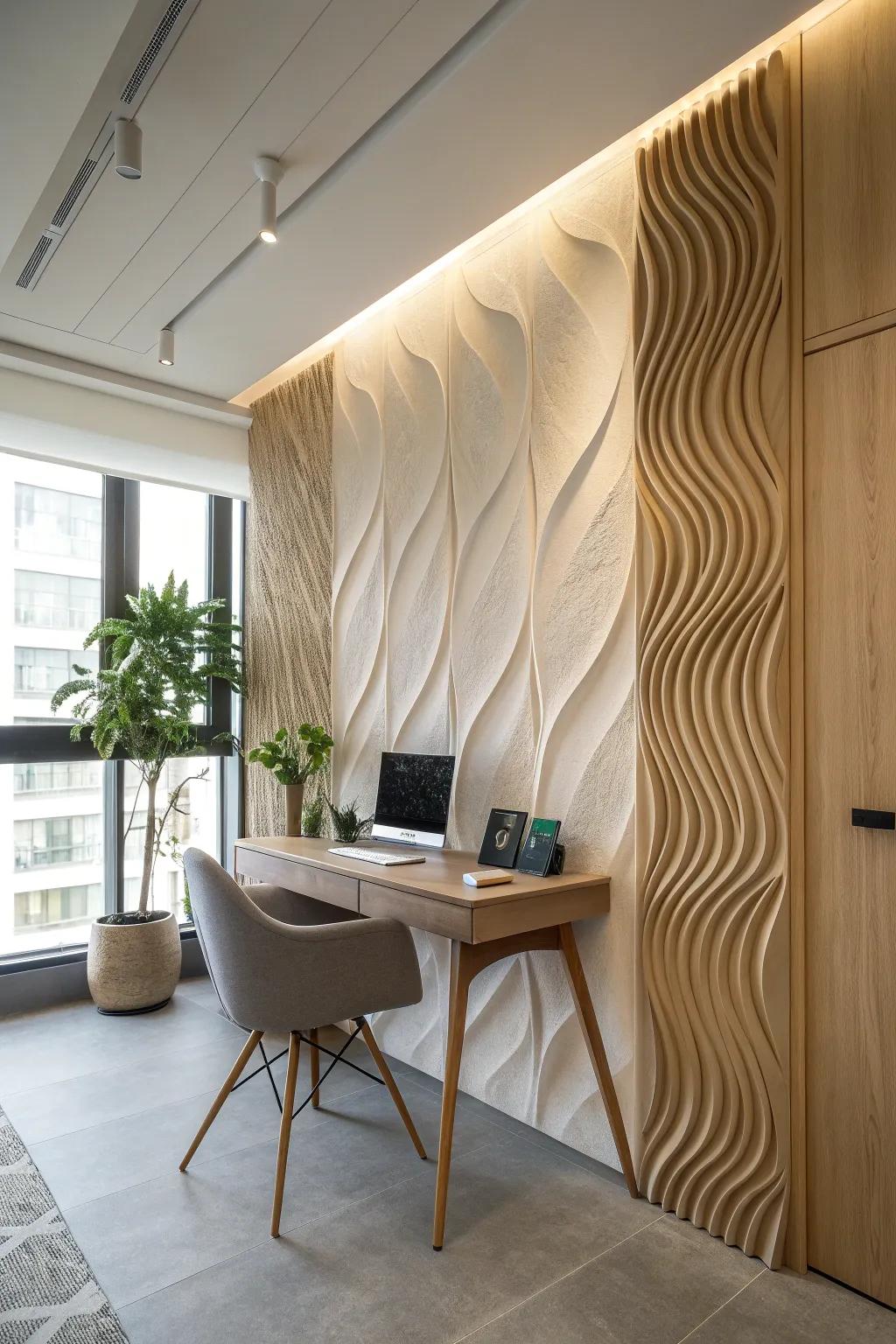 3D wall panels add depth and intrigue, transforming your office into a modern masterpiece. ✨ #ModernDesign #3DWallPanels