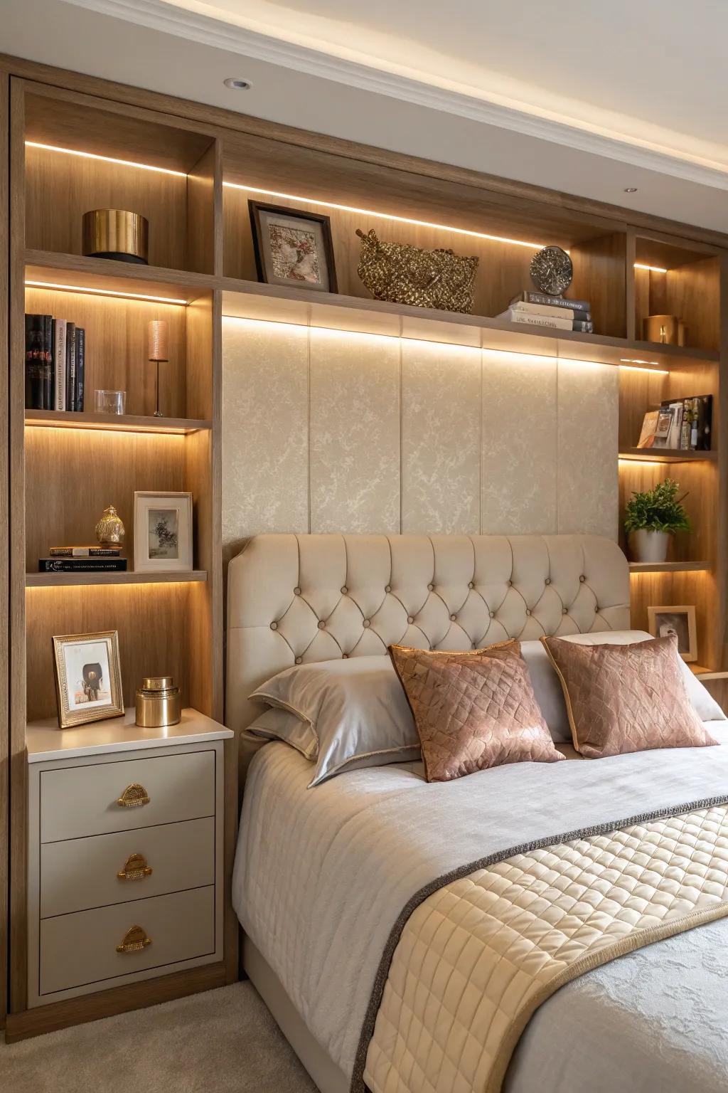 Hidden lighting in shelves adds warmth and style to your bedroom.