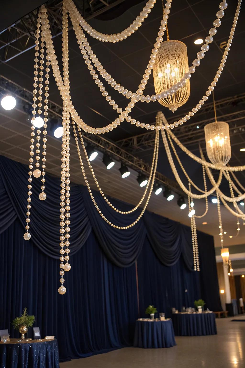 Create a dramatic effect with suspended pearl strings for a unique centerpiece. 💫 #HomeInspiration #PearlMagic