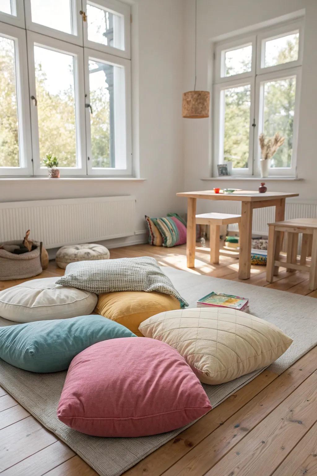 Flexibility meets fun with vibrant floor cushions for endless play possibilities. #FlexibleSeating #PlayroomFun 🌟