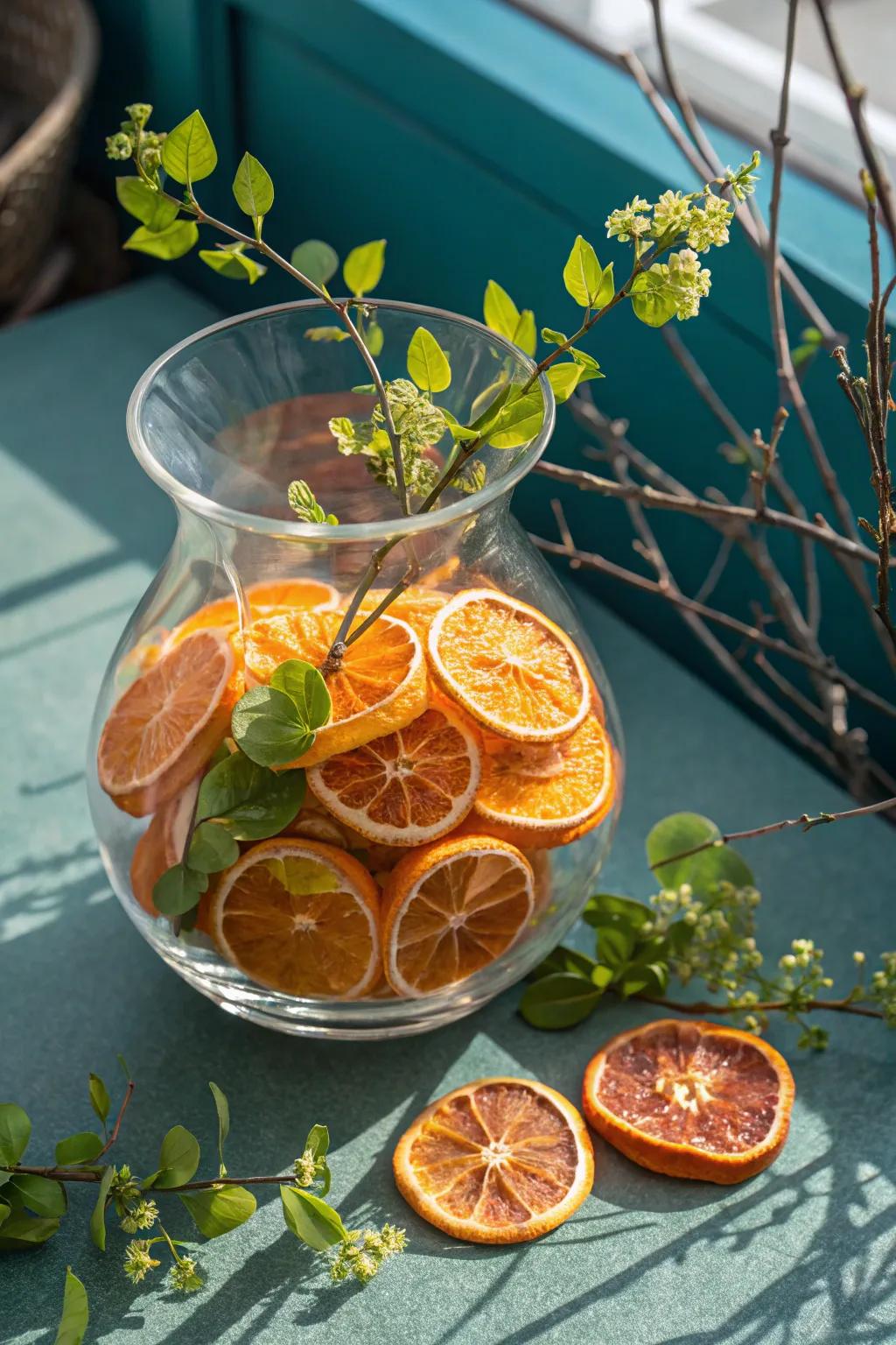Aromatic and vibrant, dried citrus slices add rustic charm to any vase.