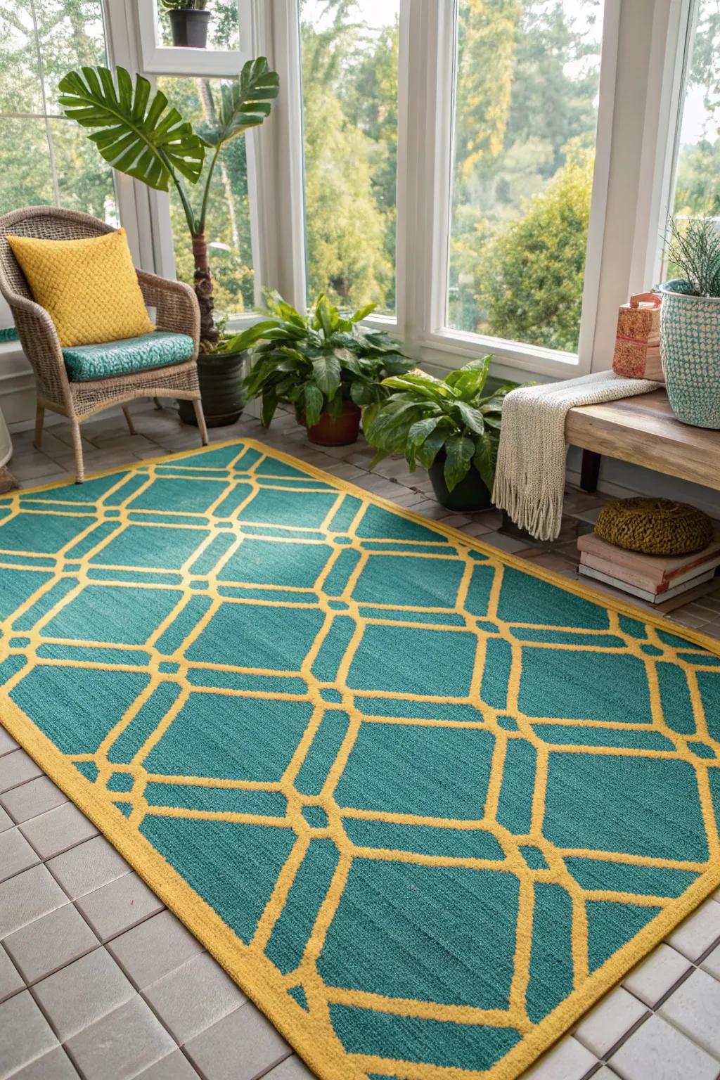 Machine-washable rugs combine style with convenience, perfect for busy sunrooms.