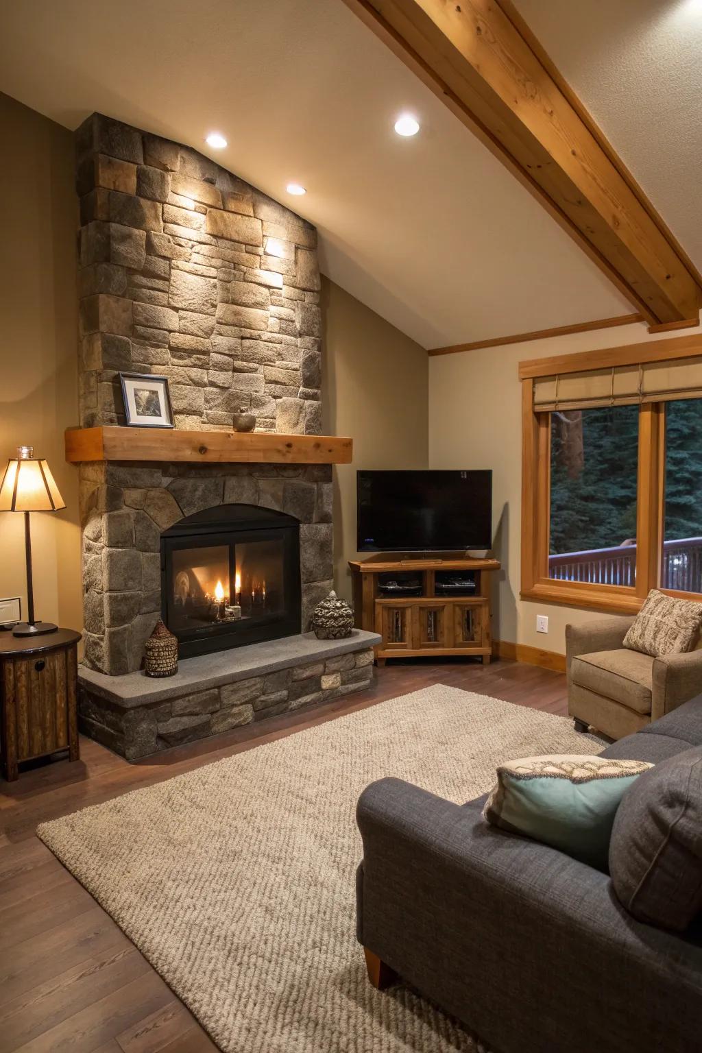 Maximize your space with a corner fireplace and adjacent TV setup for a cozy nook.